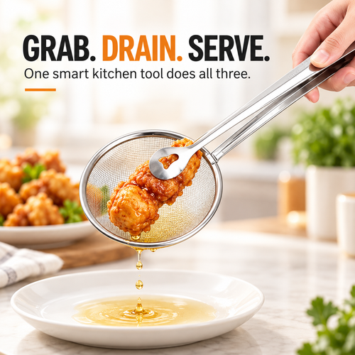 🔥 2-in-1 Stainless Steel Strainer Tongs – Grab, Drain & Serve with One Tool