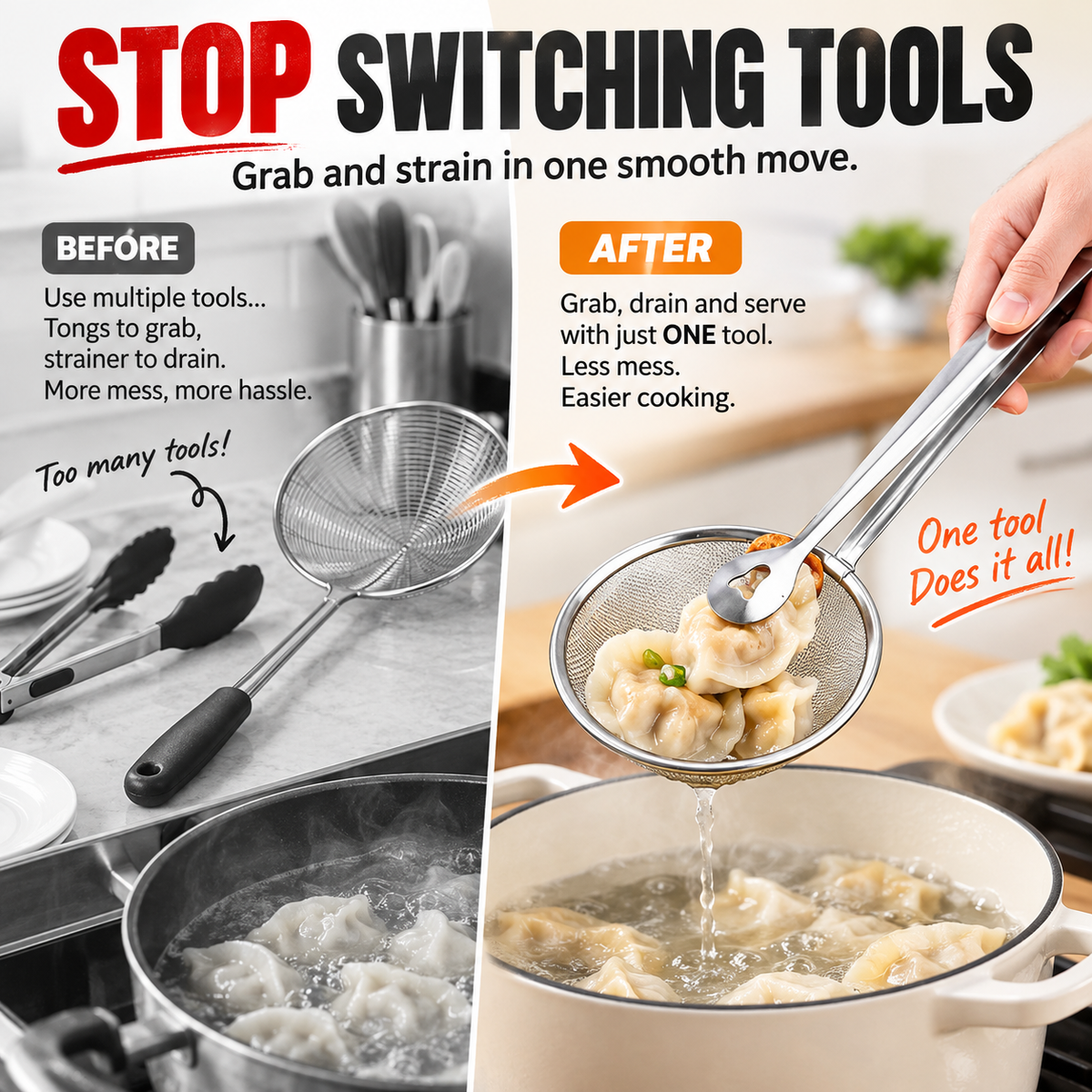 🔥 2-in-1 Stainless Steel Strainer Tongs – Grab, Drain & Serve with One Tool