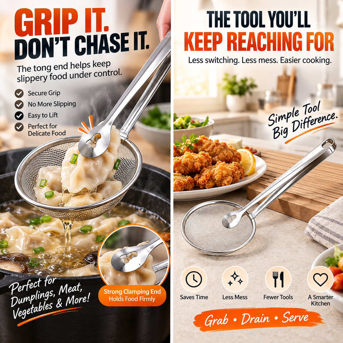 🔥 2-in-1 Stainless Steel Strainer Tongs – Grab, Drain & Serve with One Tool